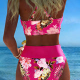 Bikini with contrasting floral print and cutout