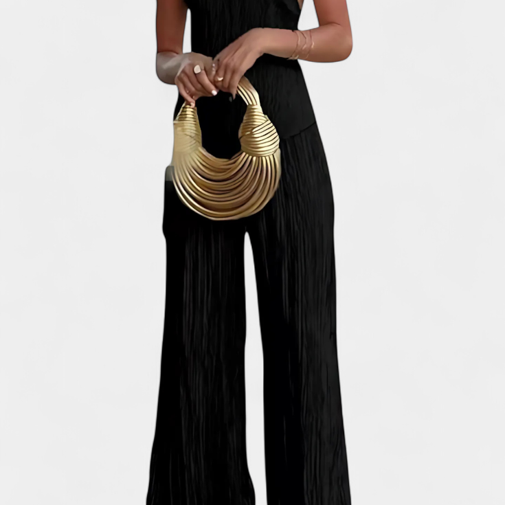 Pilarica Pleated Set with Asymmetrical Halter Top and Flowing Pants