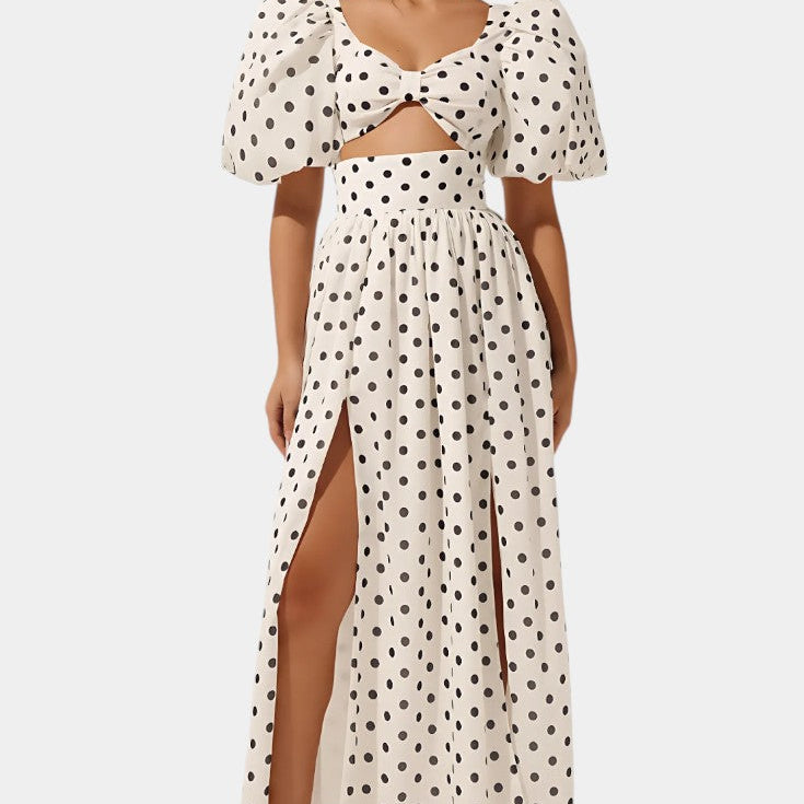 Sherine Polka Dot Skirt and Top Set with Puff Sleeves