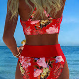 Bikini with contrasting floral print and cutout