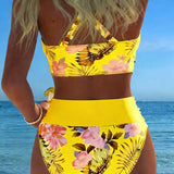 Bikini with contrasting floral print and cutout