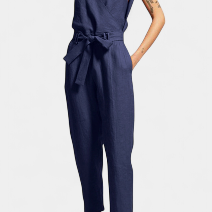 Maggie Sleeveless Jumpsuit with V-Neck and Crossed Waist in Cotton
