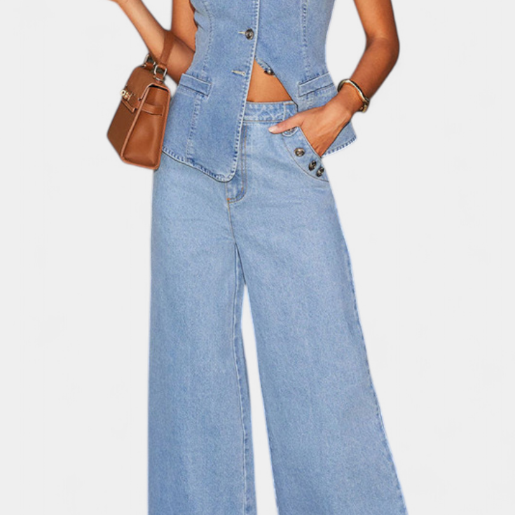 Ludovica Denim Set with Fitted Vest and Wide-Leg Jeans