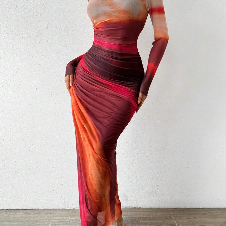 Natalia | Comfortable Printed Long Sleeve Maxi Bodycon Dress