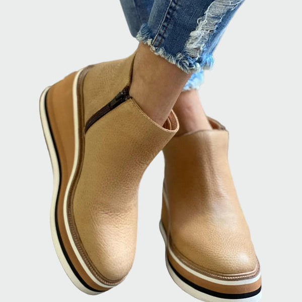 Celia - Elegant Camel Leather Ankle Boots with Platform