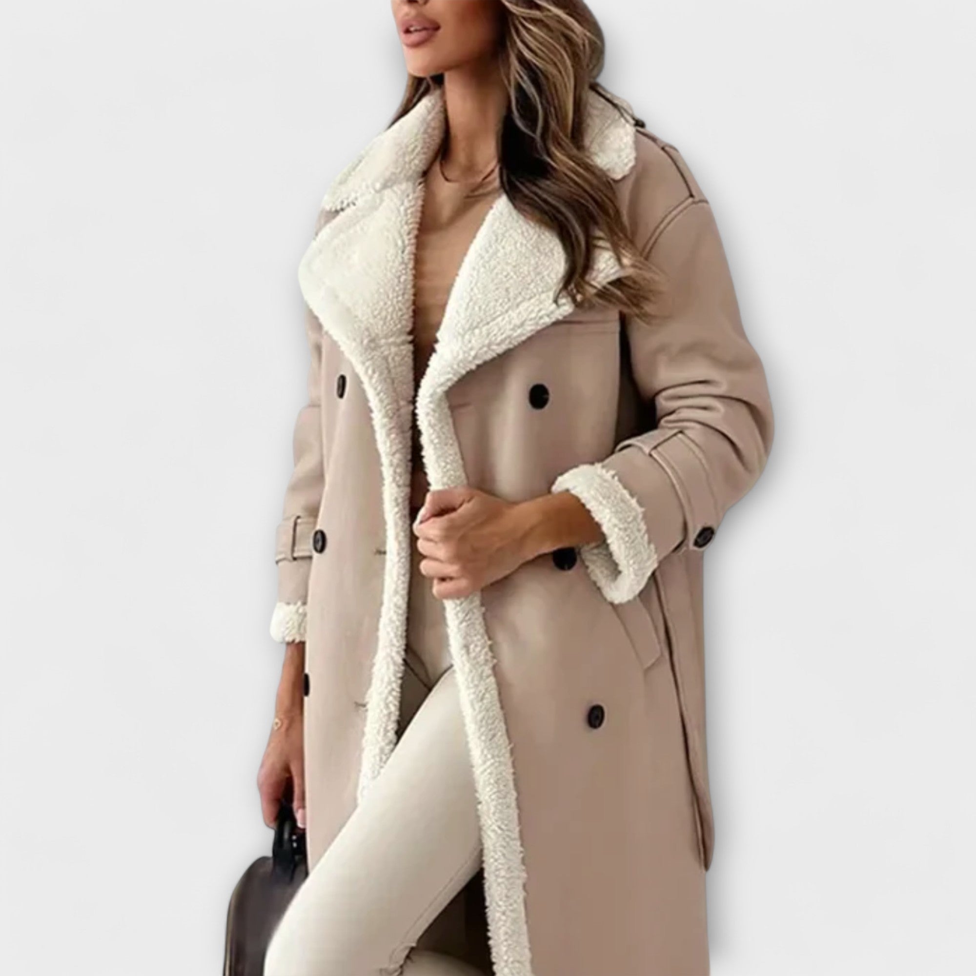 Maria – Classic long coat with plush lining and teddy collar