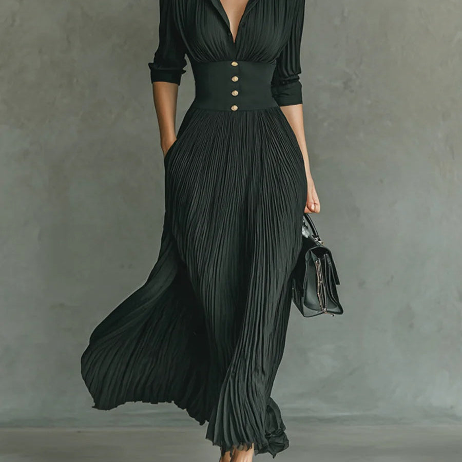 Elvira - Long pleated dress with lapel and high waist