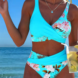 Bikini with contrasting floral print and cutout