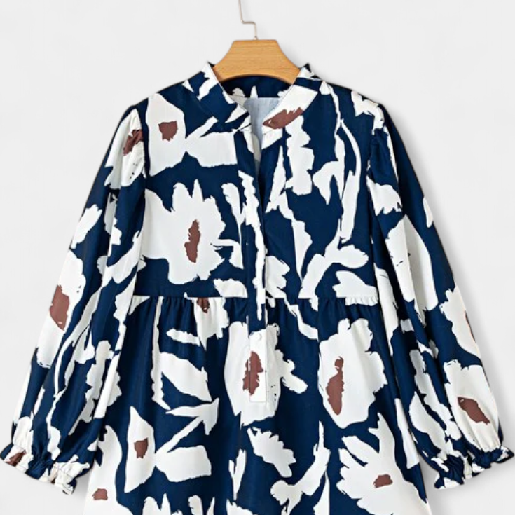 Filomena Blouse with Half Button Closure and Puff Sleeves in Abstract Floral Print