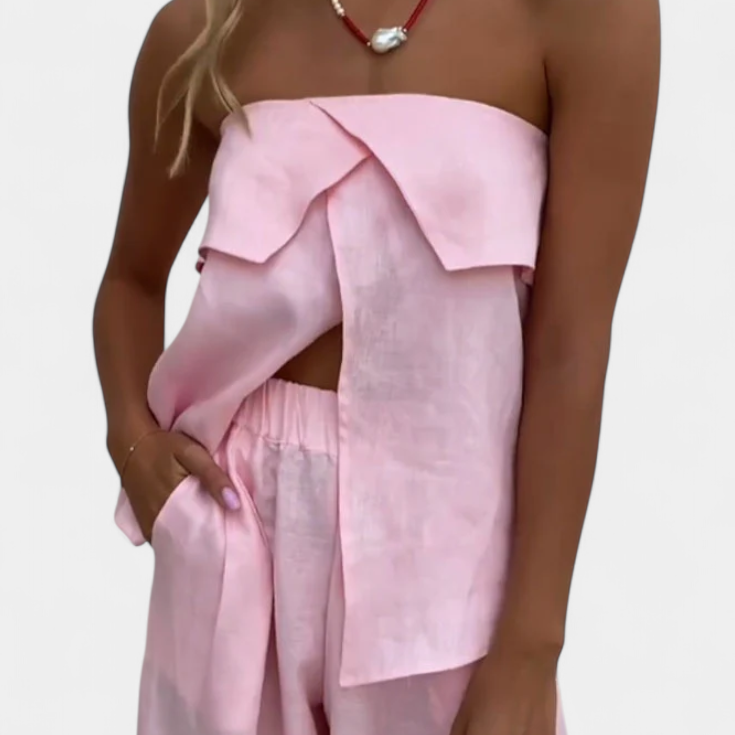 Oriana Strapless Set with Side Slit Skirt in Solid Color