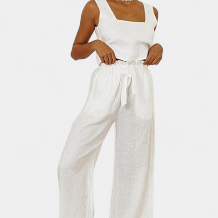 Pascuala Two-Piece Linen Set with Sleeveless Blouse and Flowing Pants